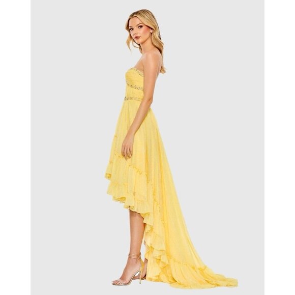Mac Duggal Size 12 Yellow 68096 Beaded Strapless Ruffle High Low Gown Dress New - Picture 3 of 12